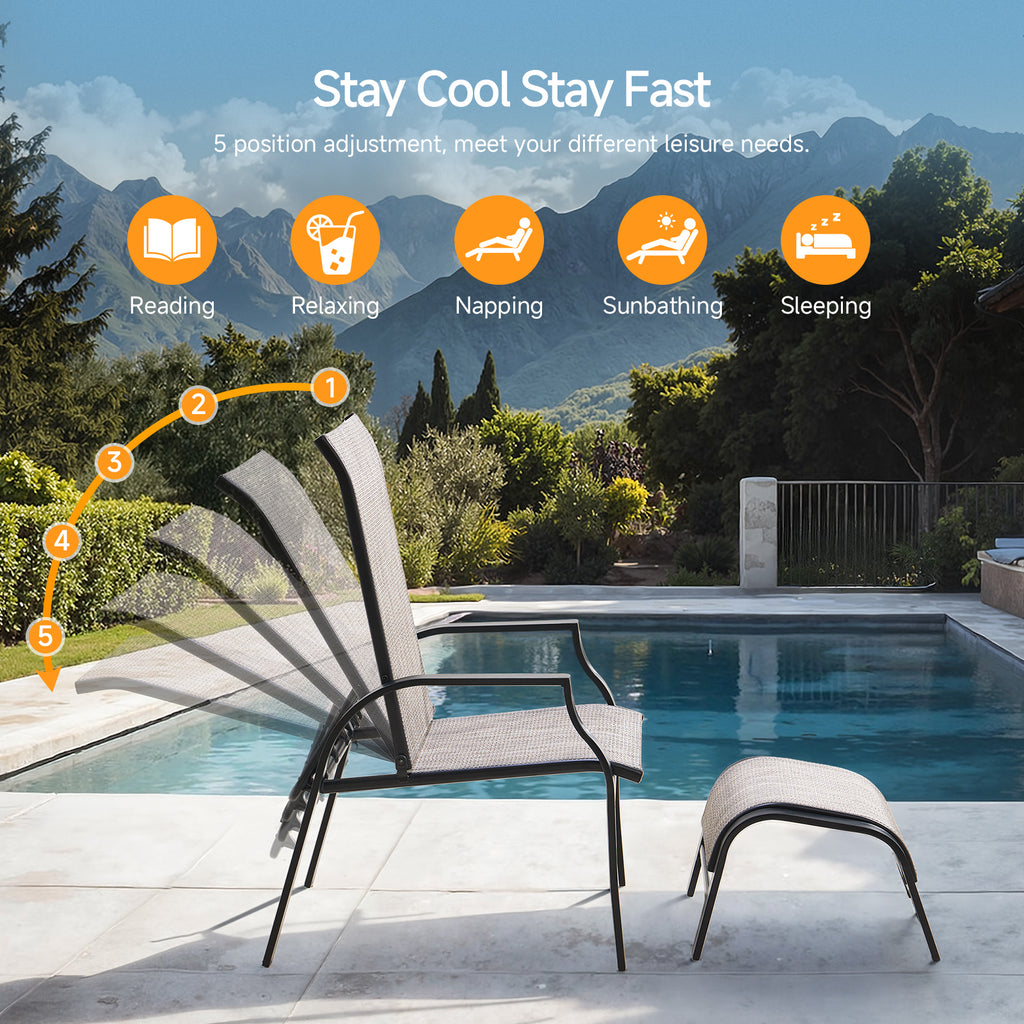 5 Piece Outdoor Lounge Chair Set with 2 Ottomans and Coffee Table