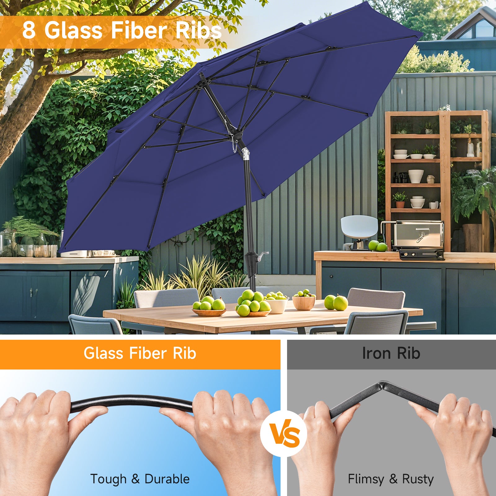 9ft 3 Tier Vented Patio Umbrella with Crank, Navy Blue