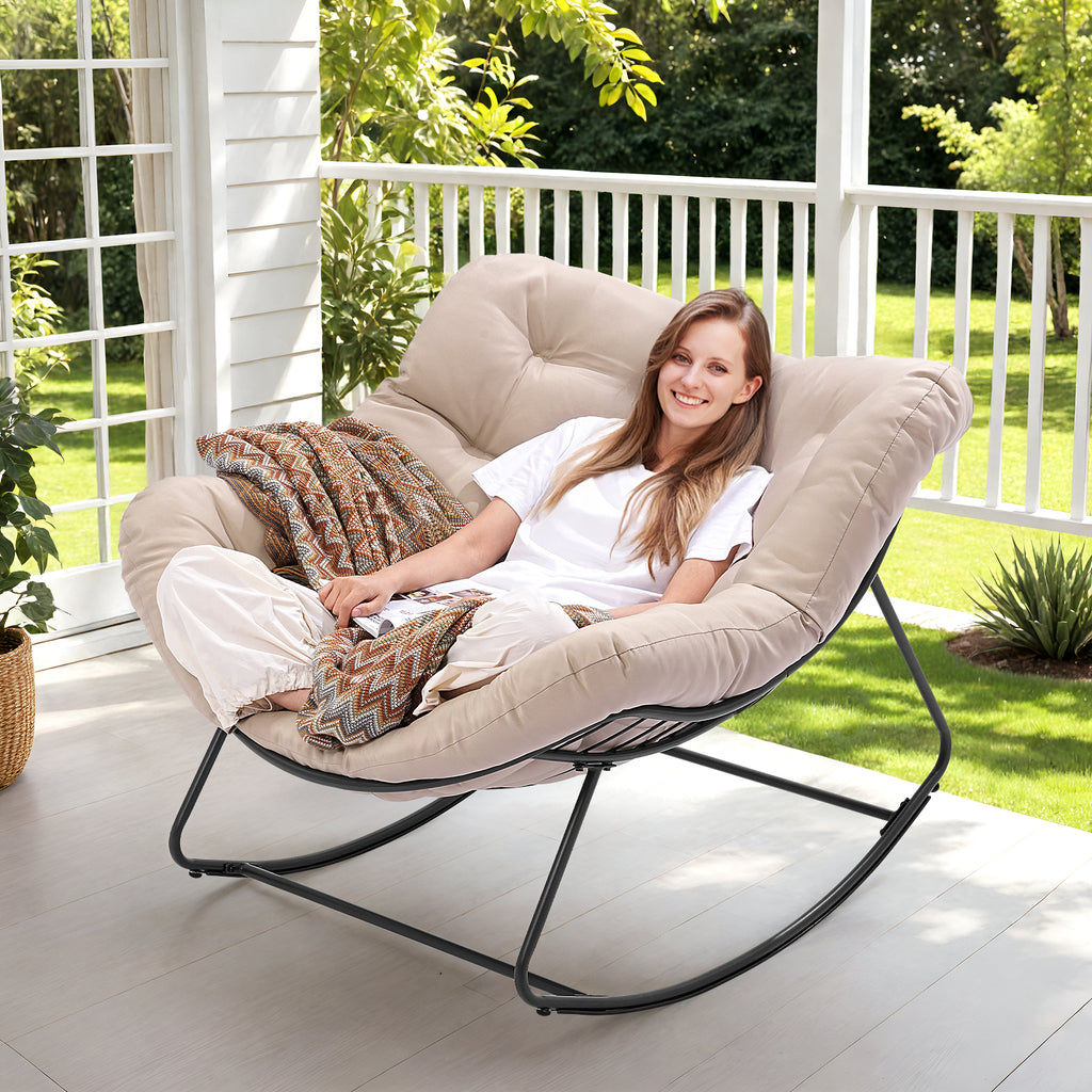 Outdoor Oversized Papasan Rocking Chair with Padded Cushion, Beige