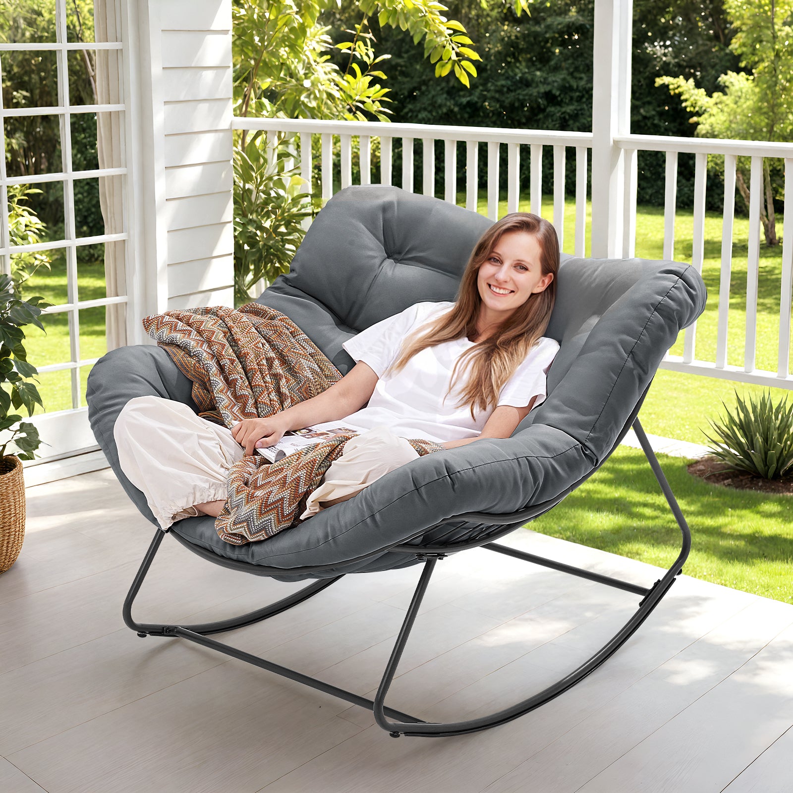 Outdoor Oversized Papasan Rocking Chair with Padded Cushion, Gray