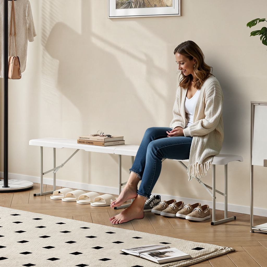 2 Pack 6 Feet Plastic Folding Bench Outdoor Picnic Bench, White