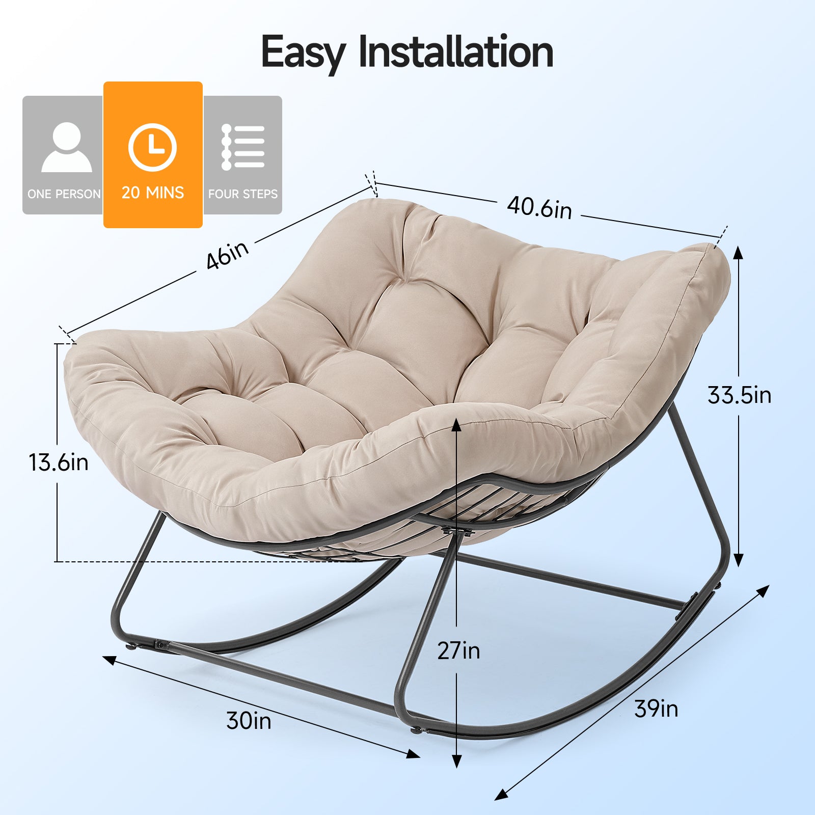 Outdoor Oversized Papasan Rocking Chair with Padded Cushion, Beige