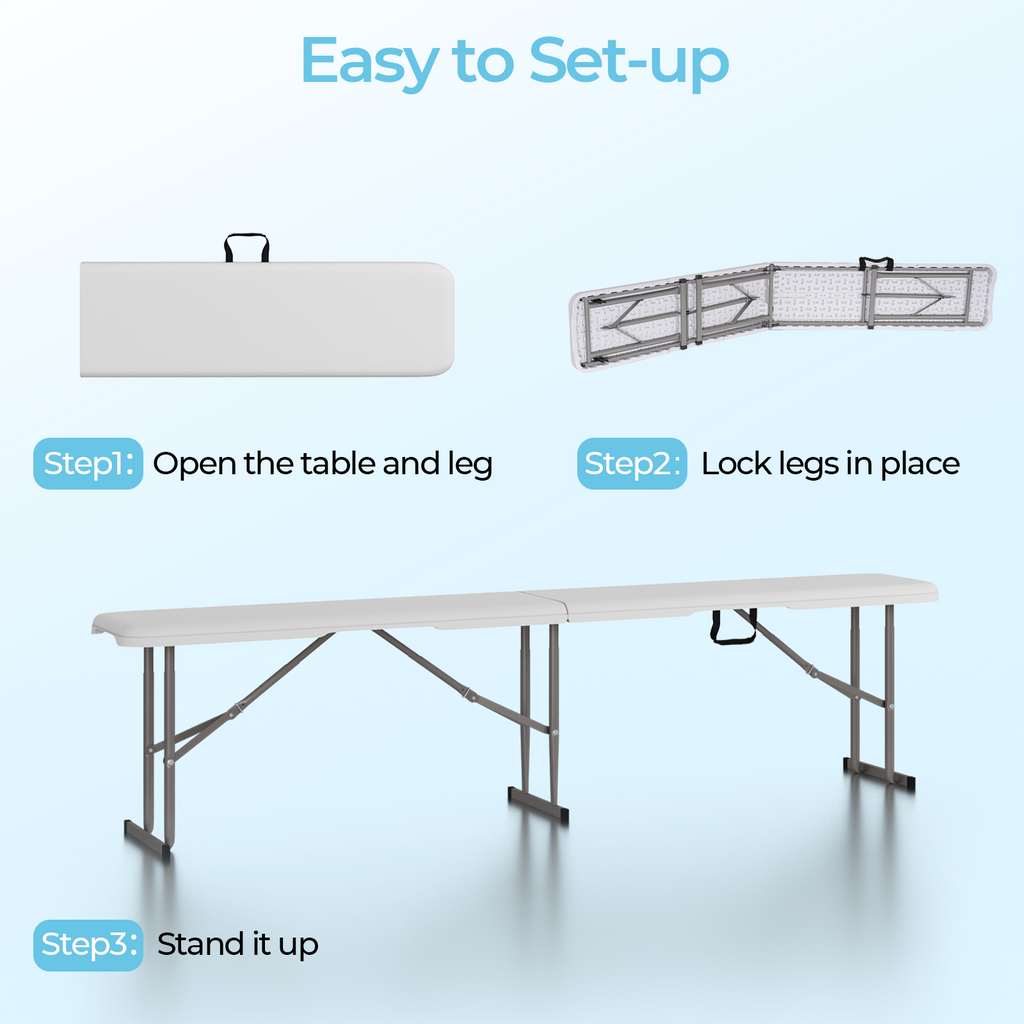 2 Pack 6 Feet Plastic Folding Bench Outdoor Picnic Bench, White