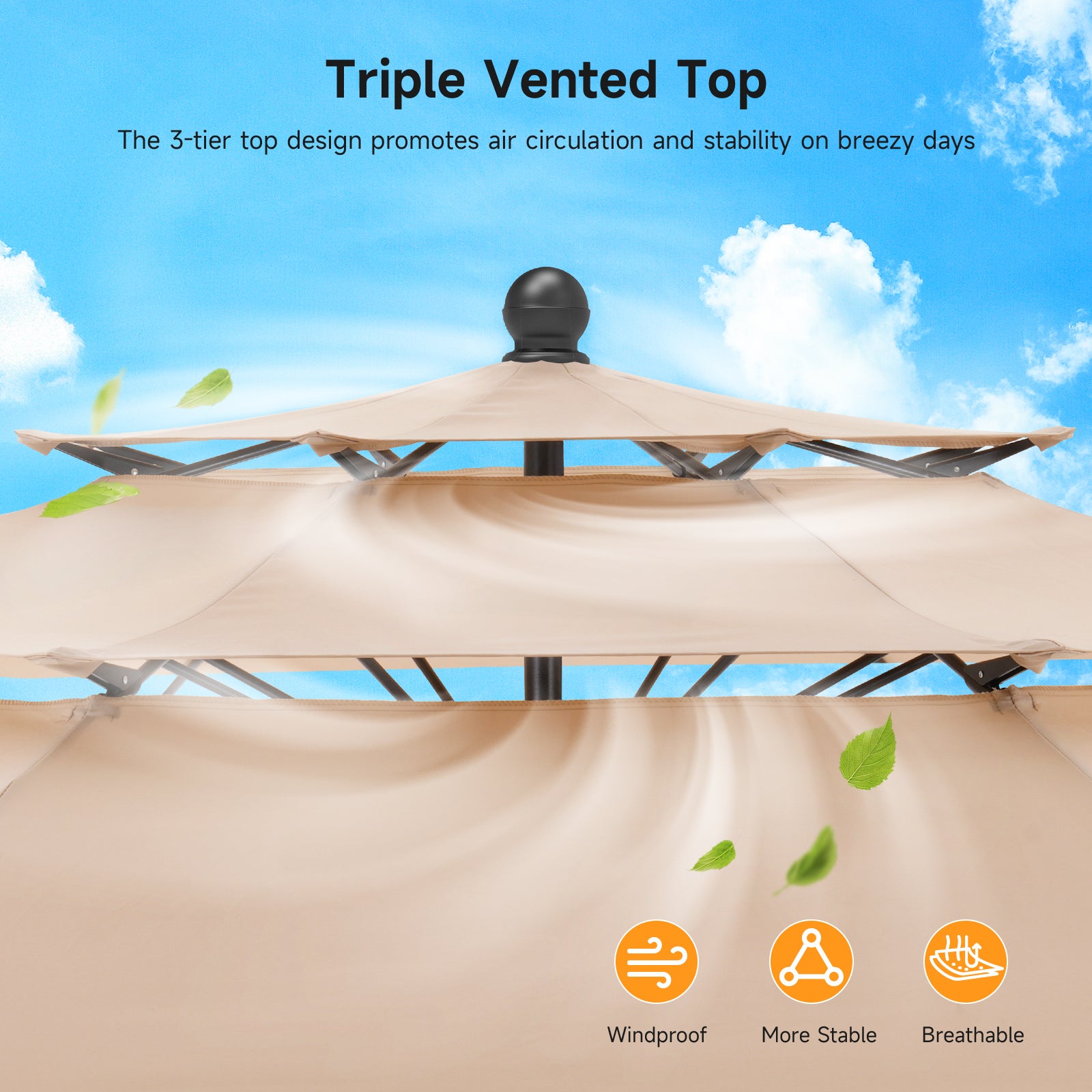 10ft 3 Tier Patio Umbrella with Crank & Push Button Tilt, Champagne