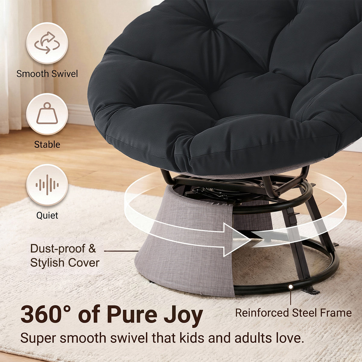 Dovov Papasan Chair, 360 Degree Swivel Papasan Accent Chair, Black
