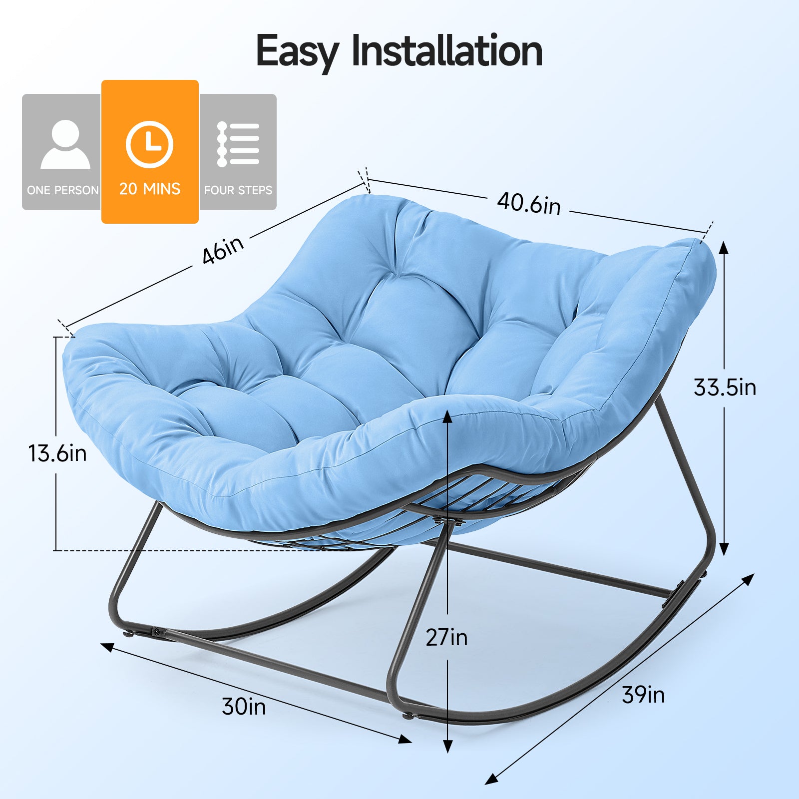 Outdoor Oversized Papasan Rocking Chair with Padded Cushion, Blue