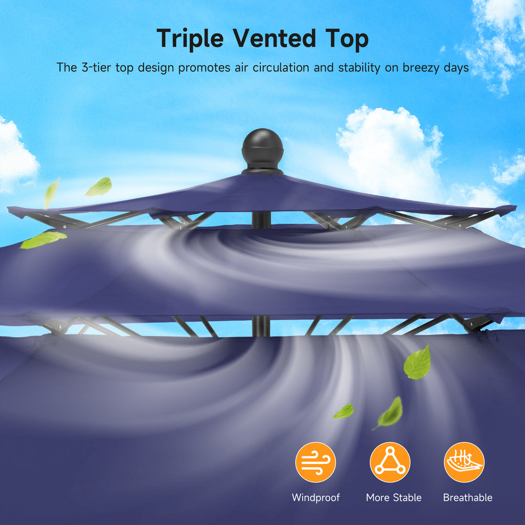 10ft 3 Tier Patio Umbrella with Crank & Push Button Tilt, Navy Blue