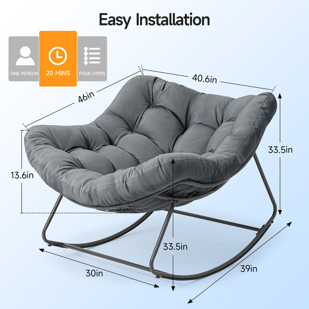 Outdoor Oversized Papasan Rocking Chair with Padded Cushion, Gray