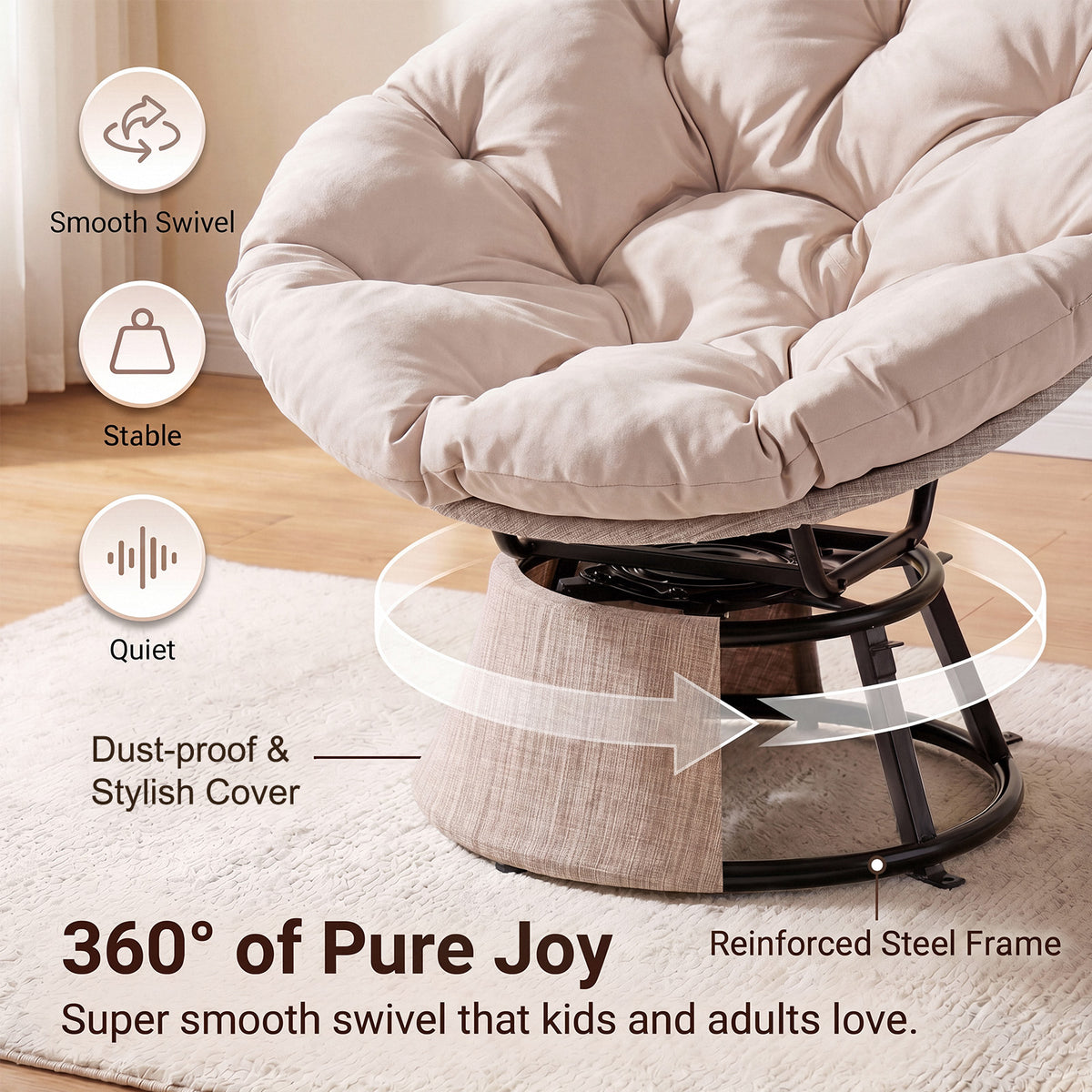 Dovov Papasan Chair, 360 Degree Swivel Papasan Accent Chair, Beige