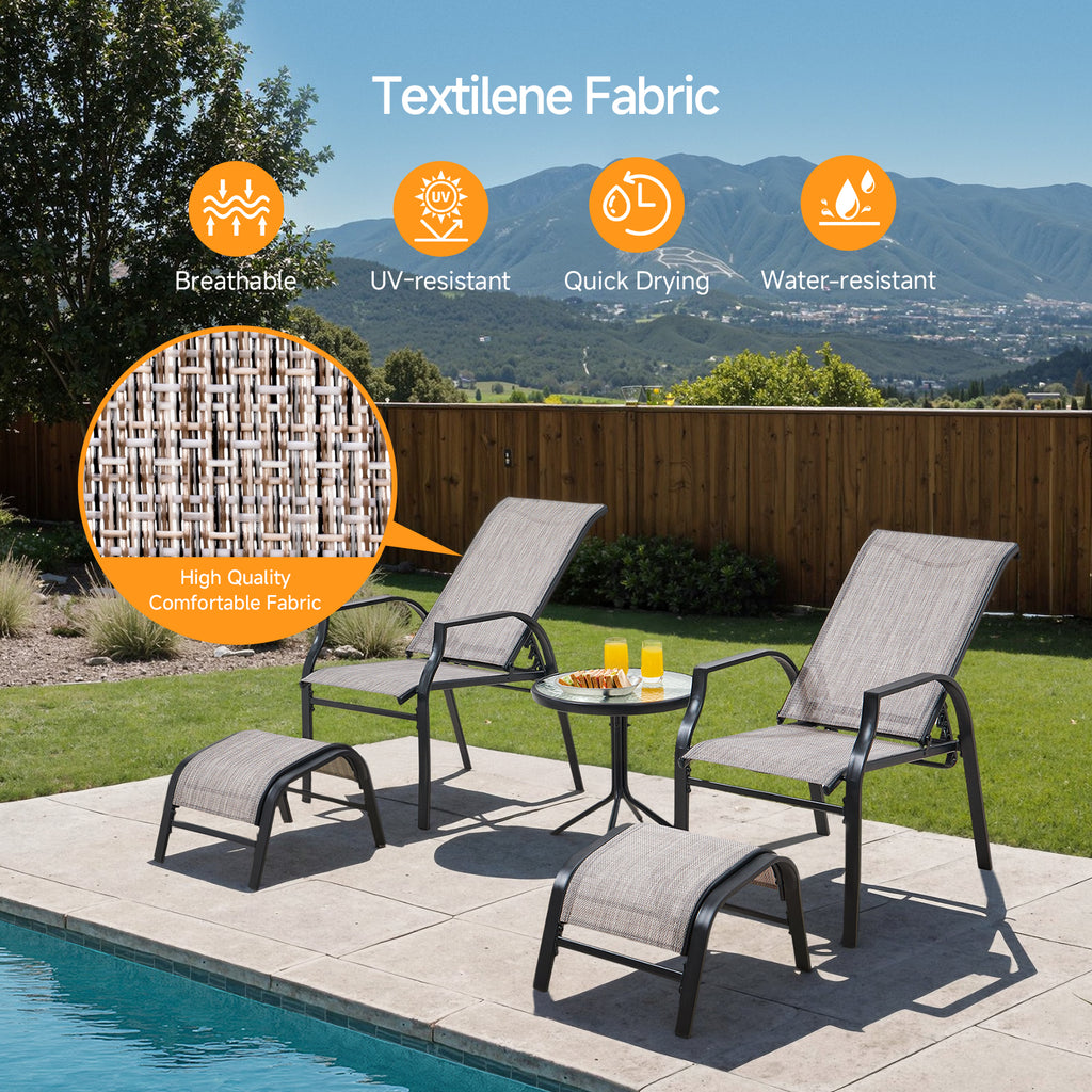 5 Piece Outdoor Lounge Chair Set with 2 Ottomans and Coffee Table