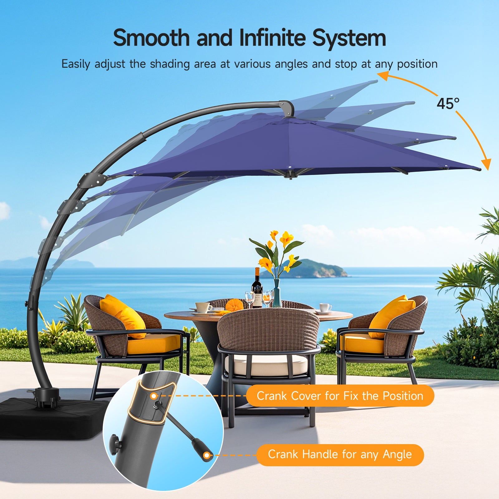 11ft Aluminum Curvy Cantilever Umbrella with Base, Navy Blue