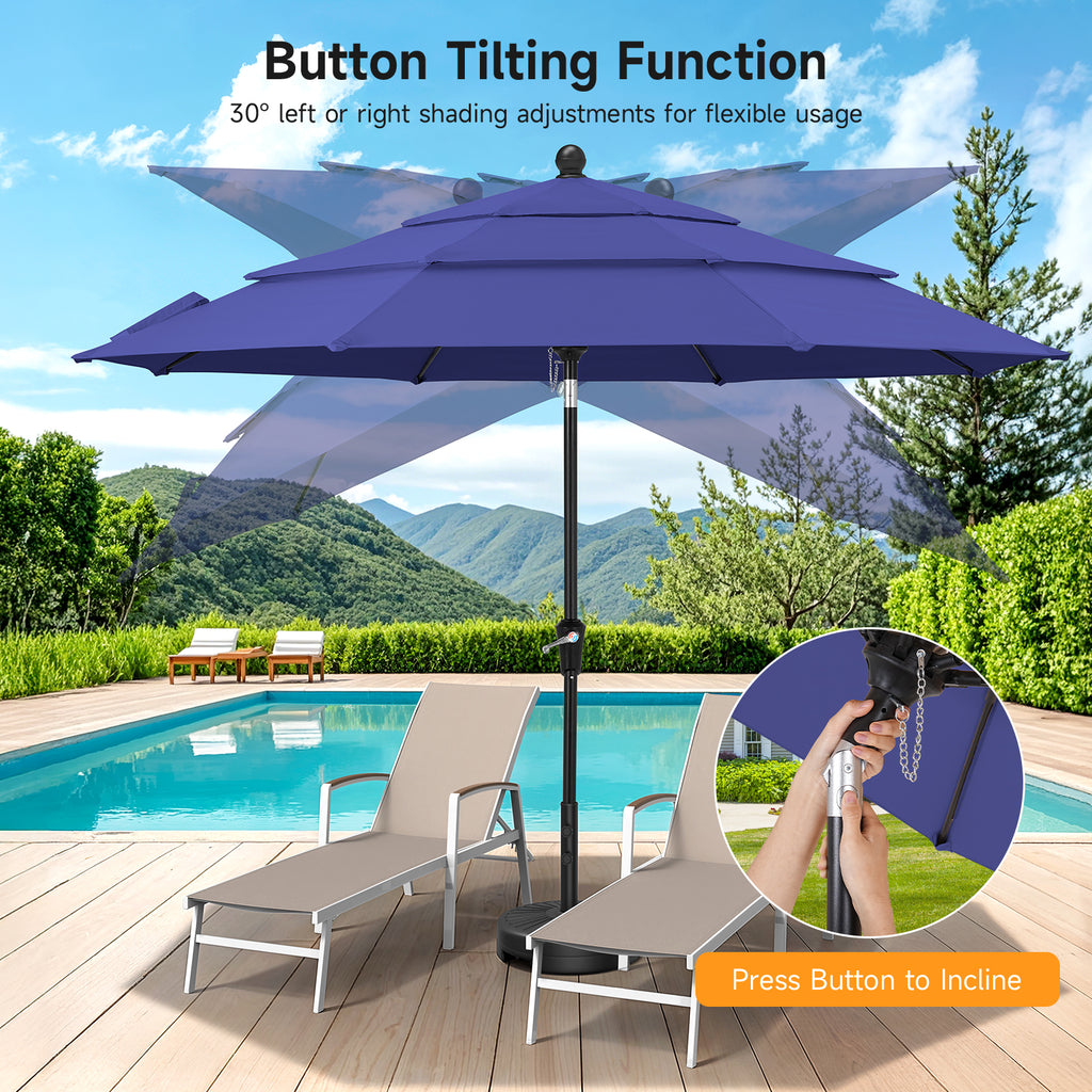 9ft 3 Tier Vented Patio Umbrella with Crank, Navy Blue