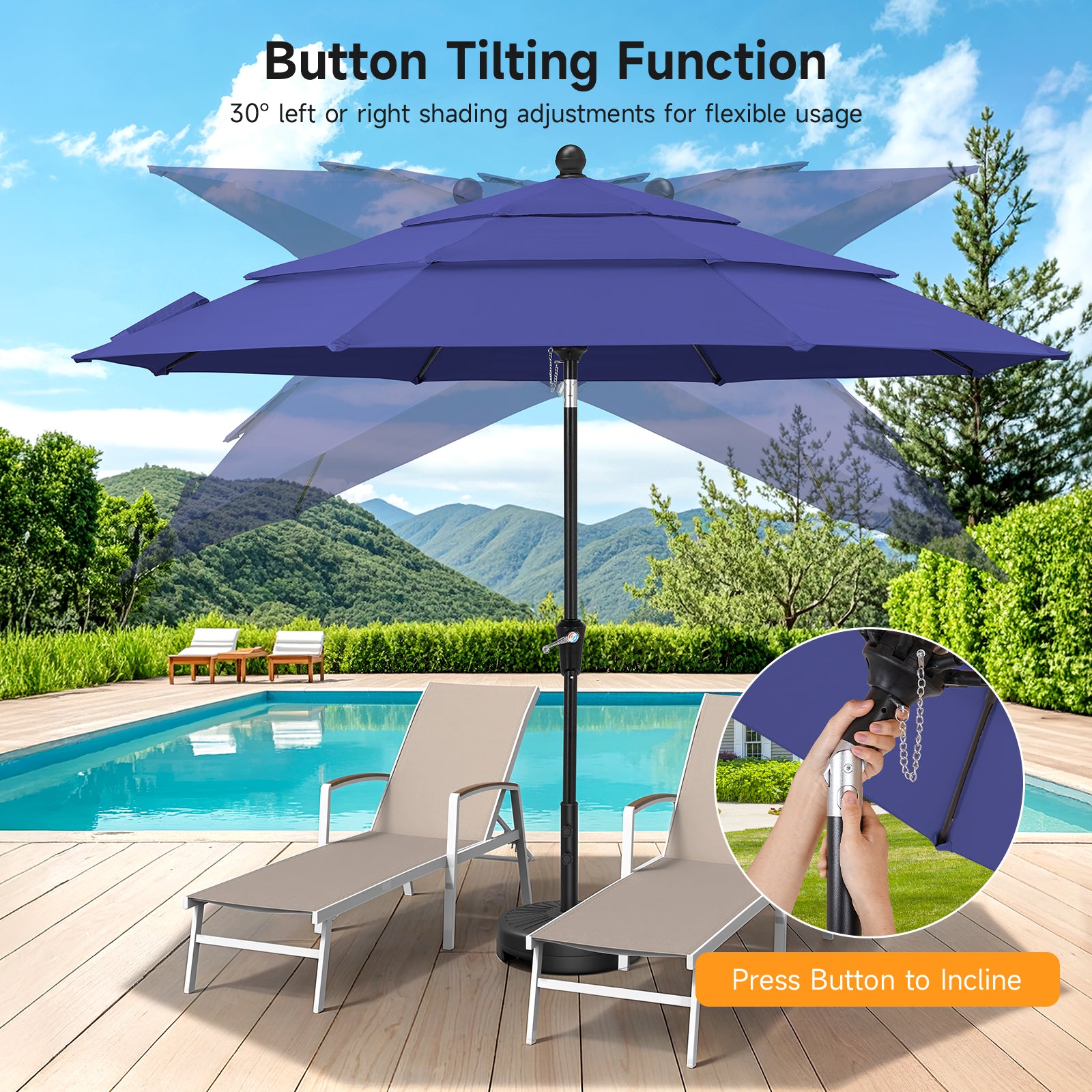 9ft 3 Tier Vented Patio Umbrella with Crank, Navy Blue