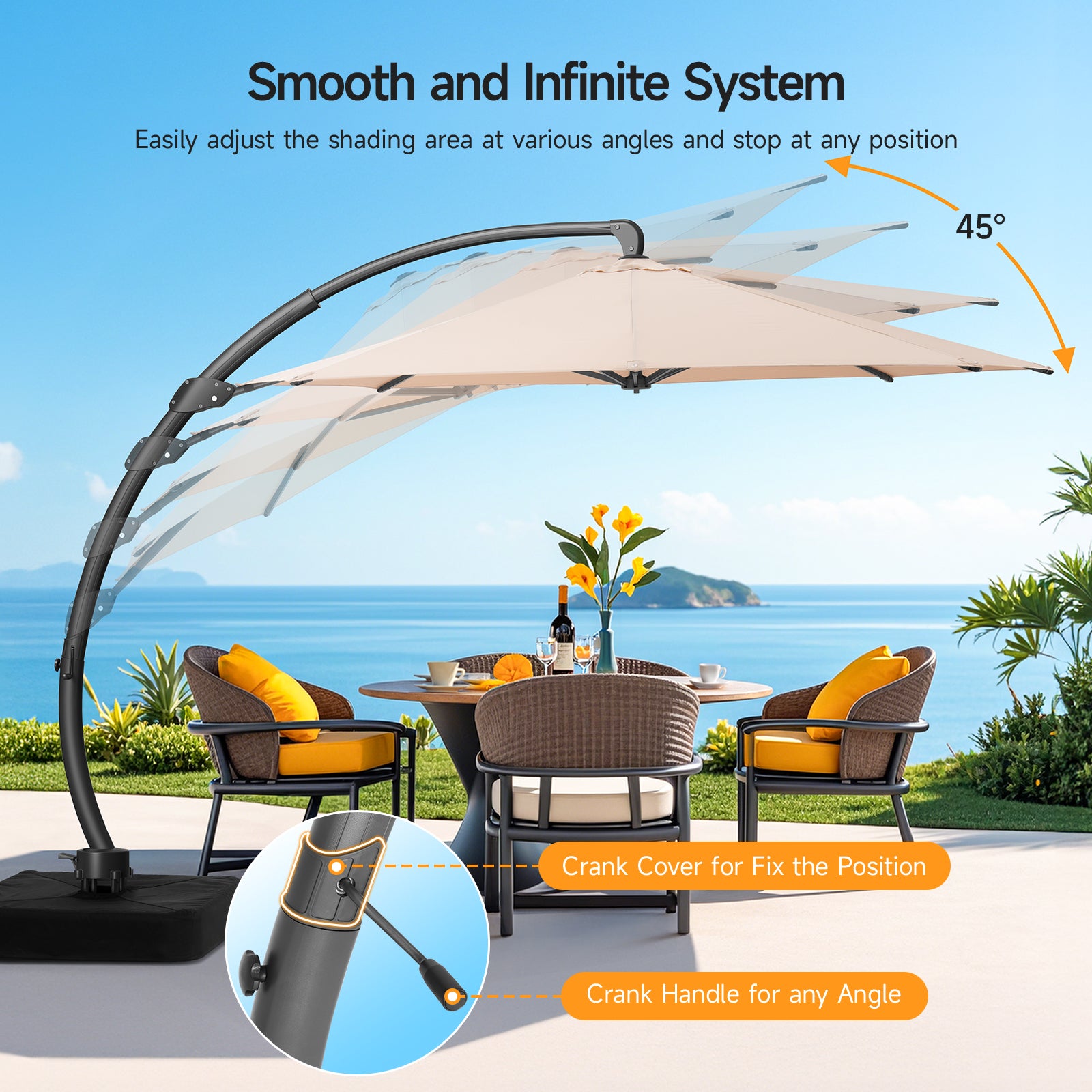 11ft Aluminum Curvy Cantilever Umbrella with Base, Champagne