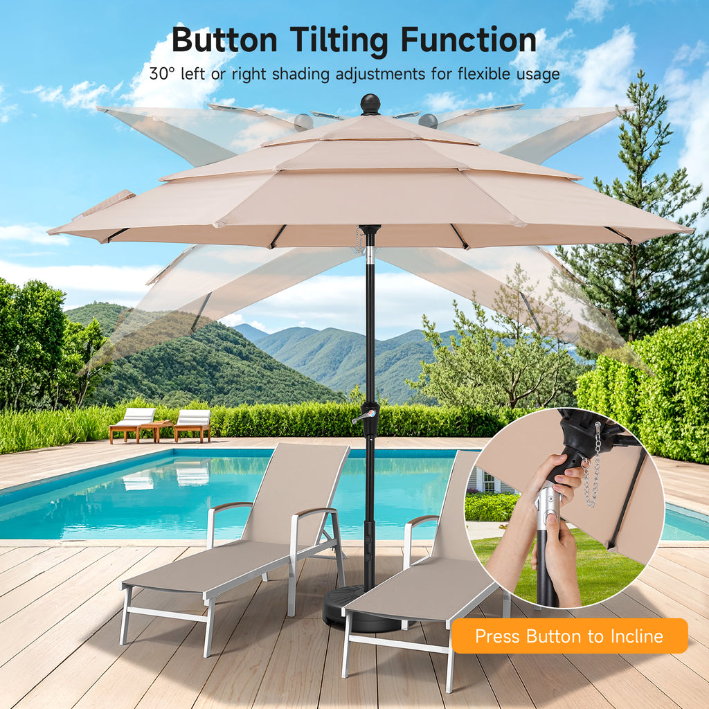 9ft 3 Tier Vented Patio Umbrella with Crank, Champagne