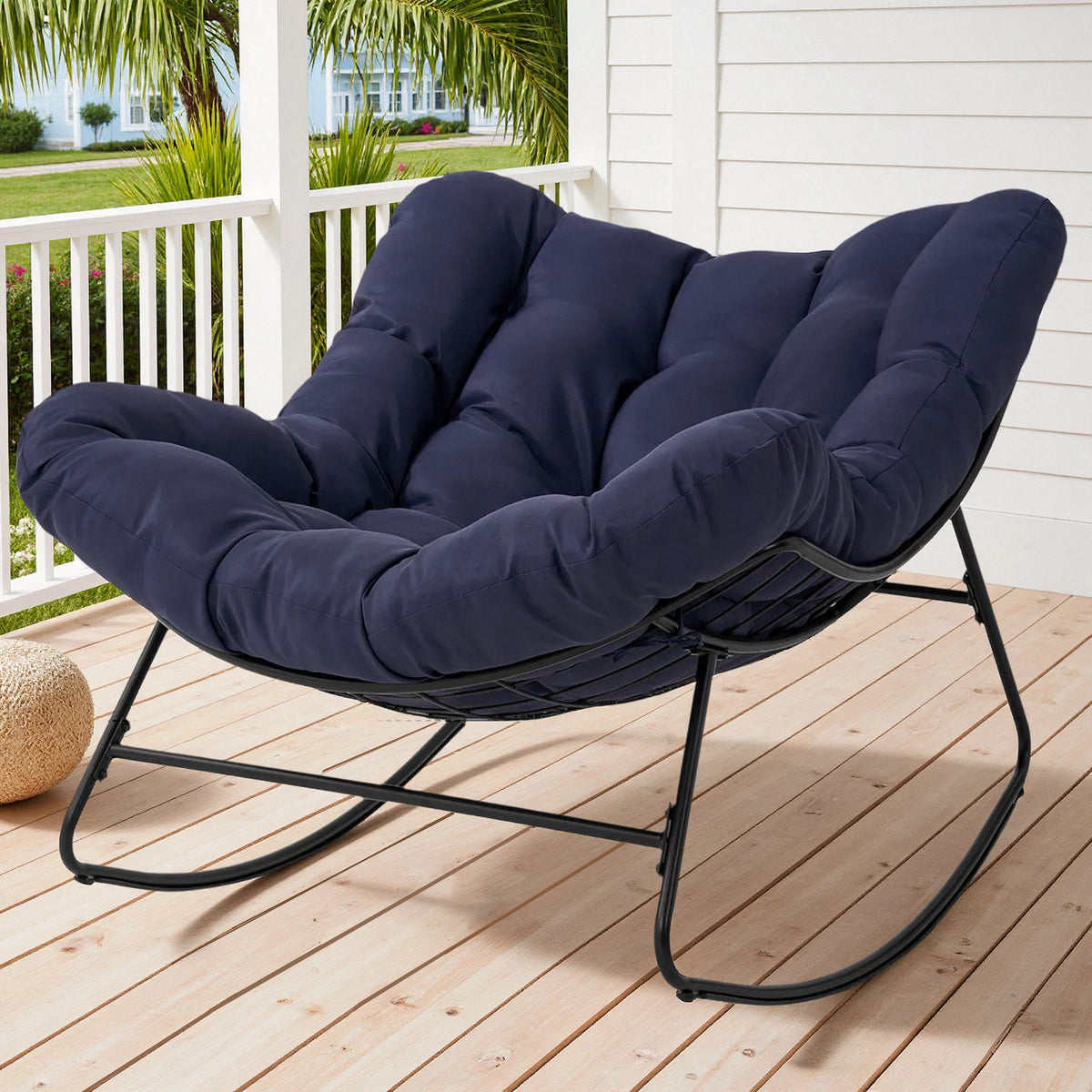 Outdoor Oversized Papasan Rocking Chair with Padded Cushion, Navy Blue
