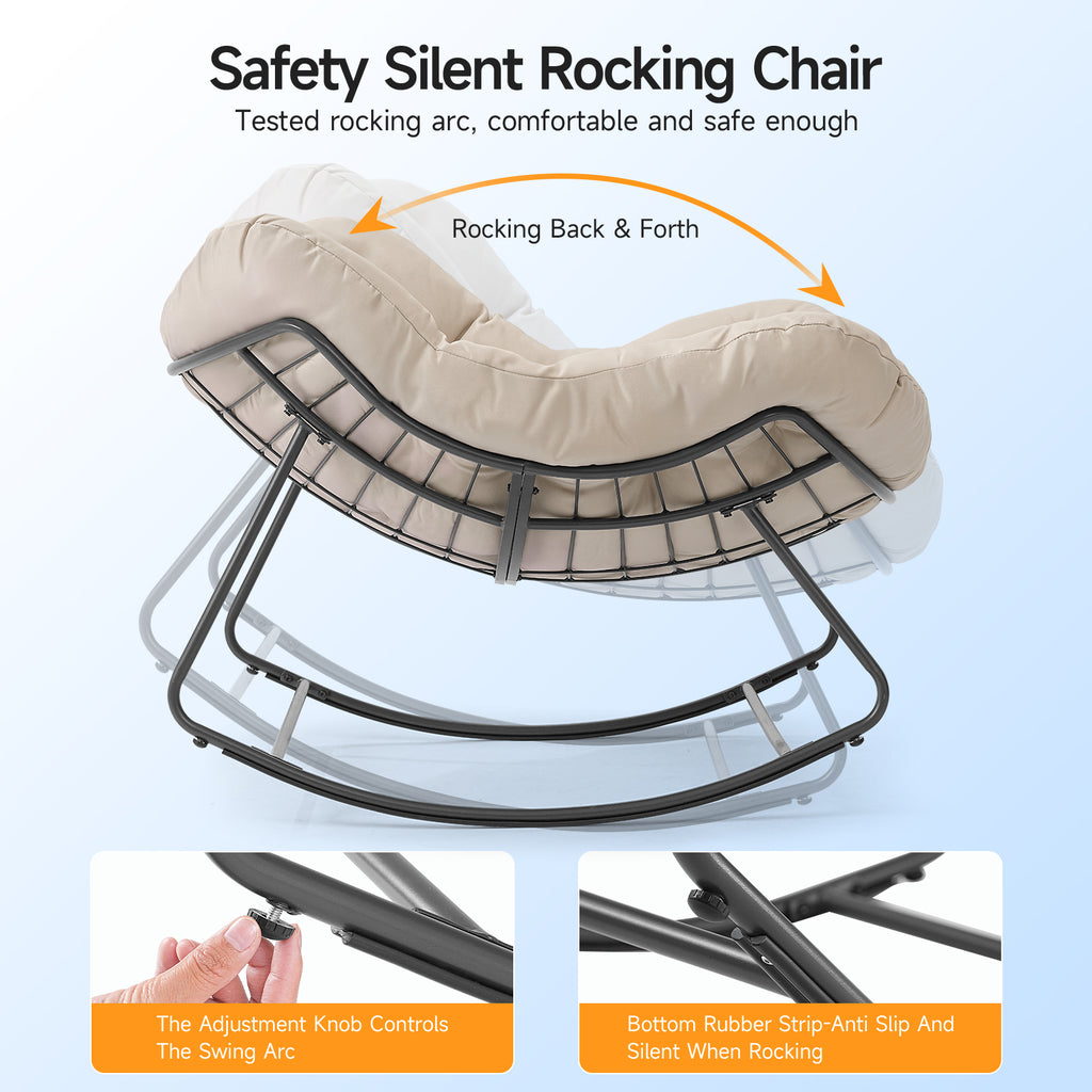 Outdoor Oversized Papasan Rocking Chair with Padded Cushion, Beige