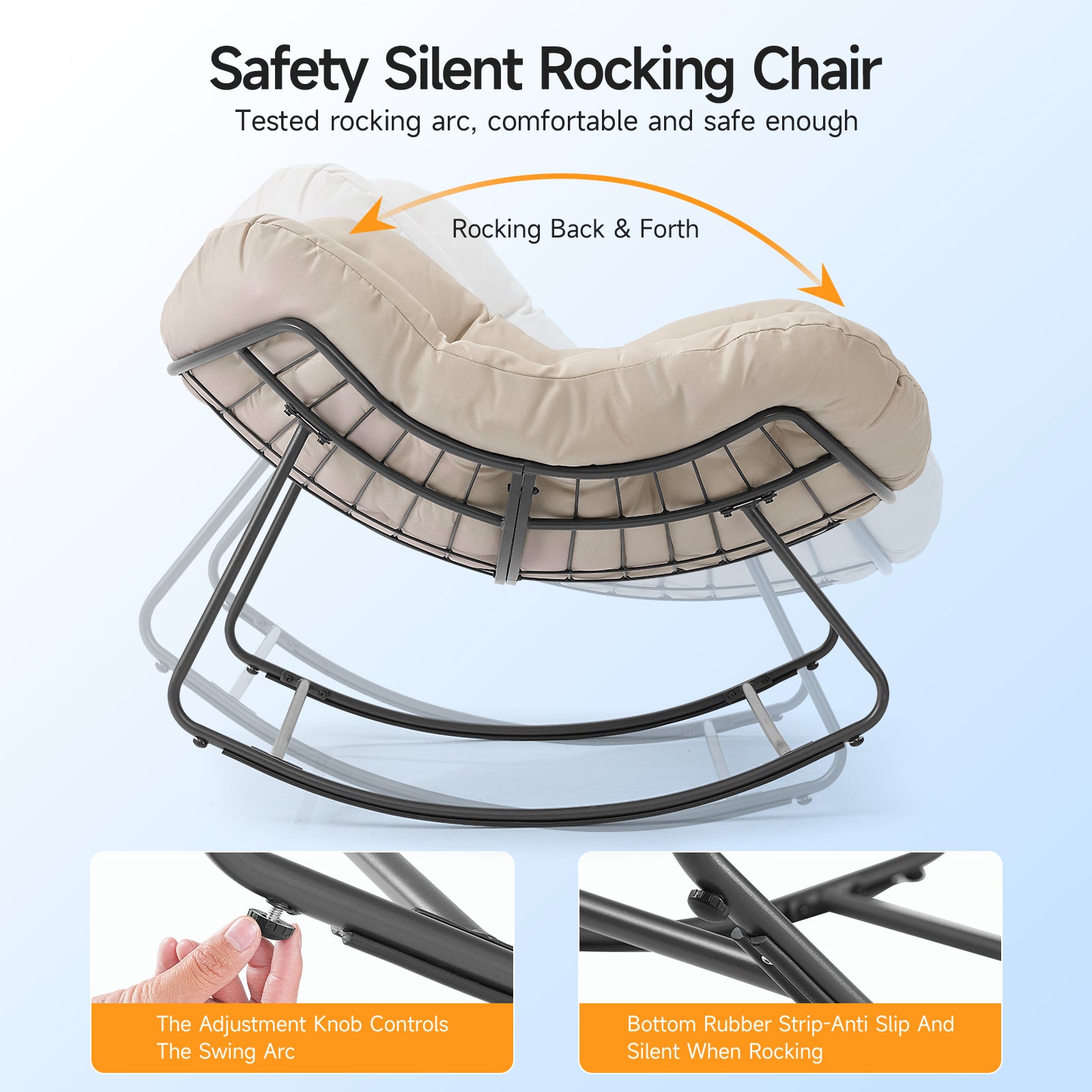 Outdoor Oversized Papasan Rocking Chair with Padded Cushion, Beige