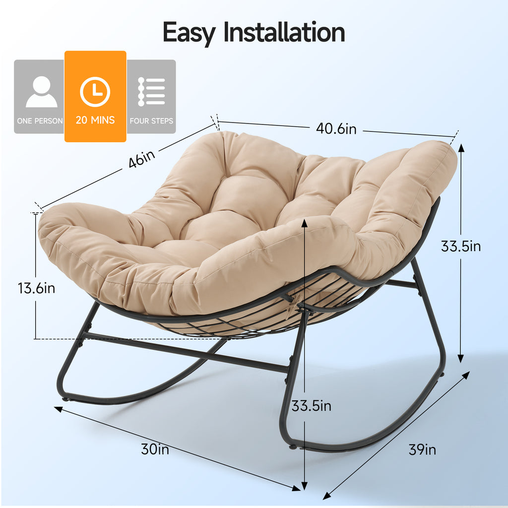 Outdoor Oversized Papasan Rocking Chair with Padded Cushion, Beige