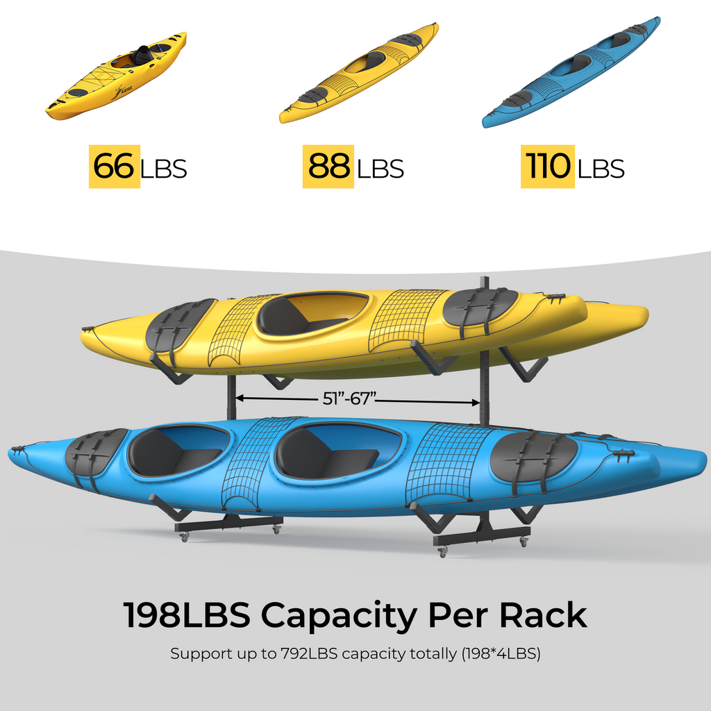 2 Levels Freestanding Rolling Kayak Storage Rack for 4 Kayaks