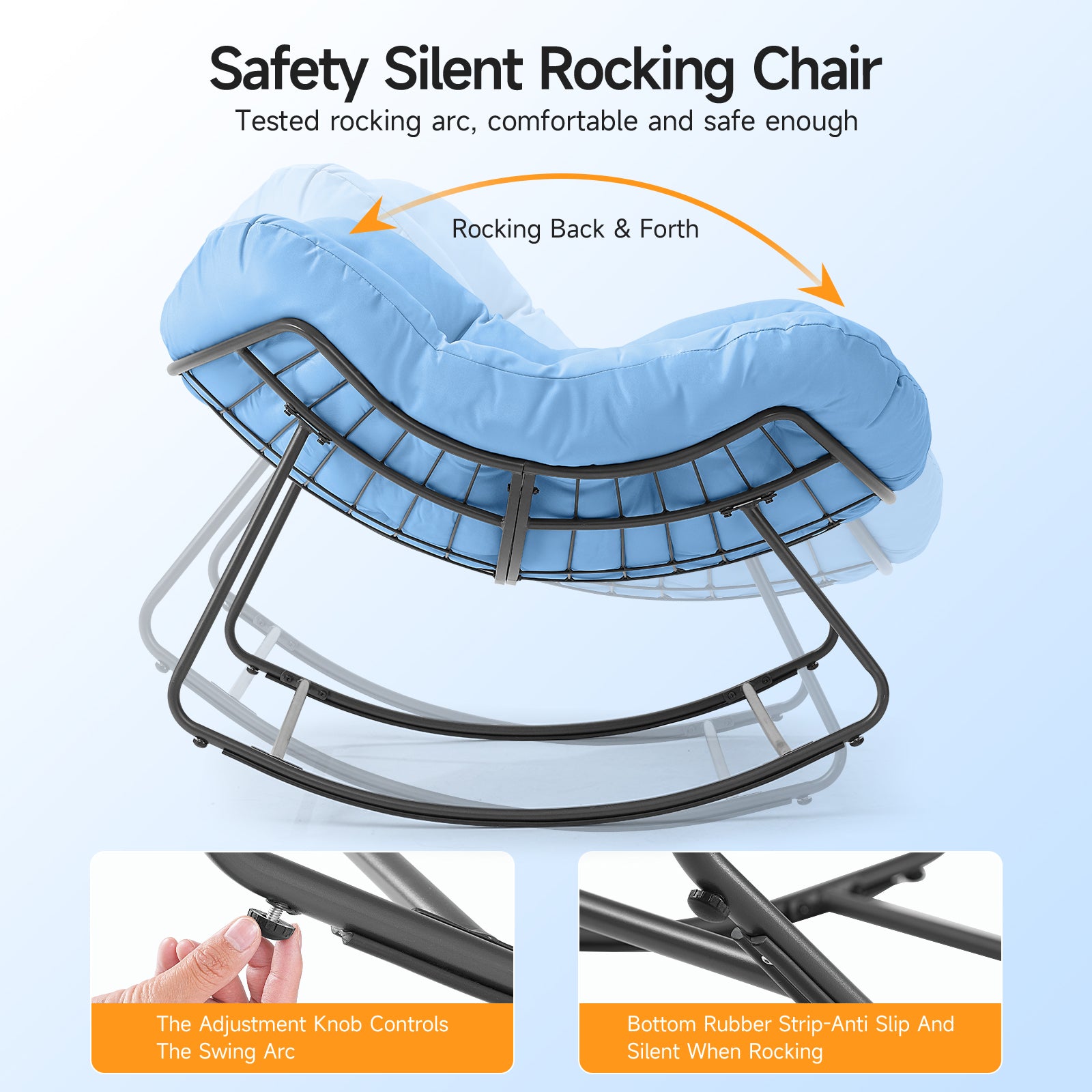 Outdoor Oversized Papasan Rocking Chair with Padded Cushion, Blue