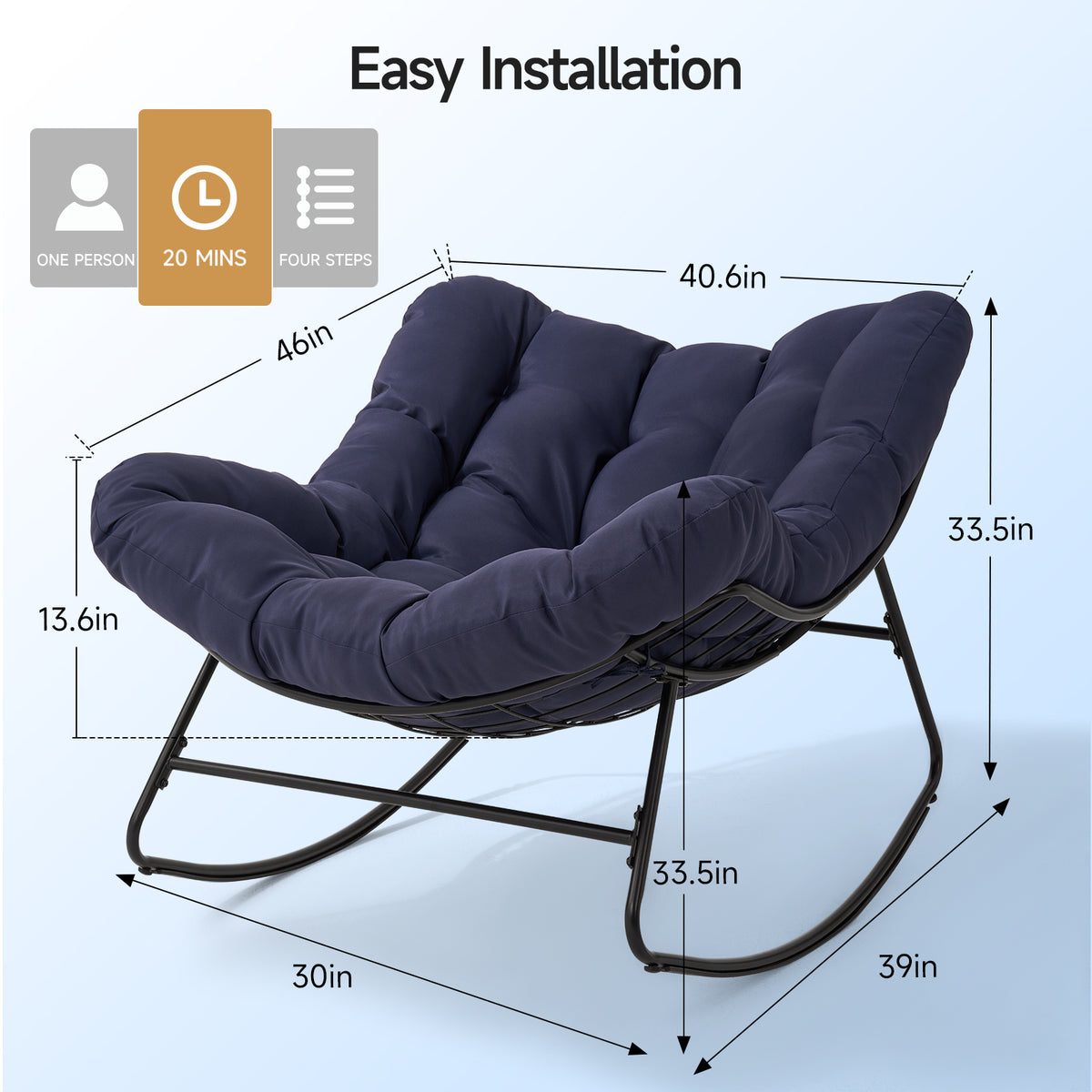Outdoor Oversized Papasan Rocking Chair with Padded Cushion, Navy Blue
