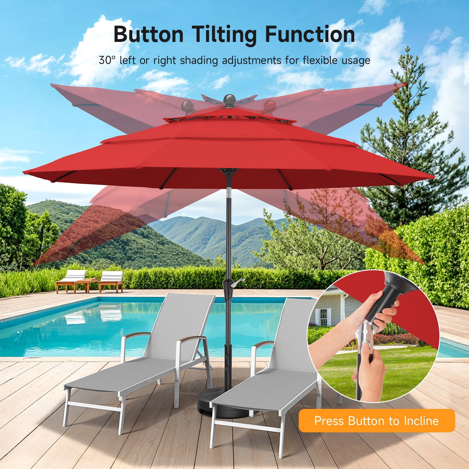 10ft 3 Tier Patio Umbrella with Crank & Push Button Tilt, Red