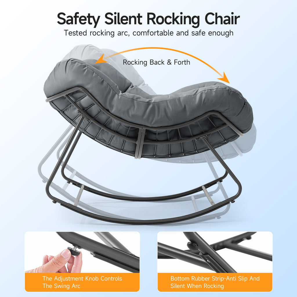 Outdoor Oversized Papasan Rocking Chair with Padded Cushion, Gray