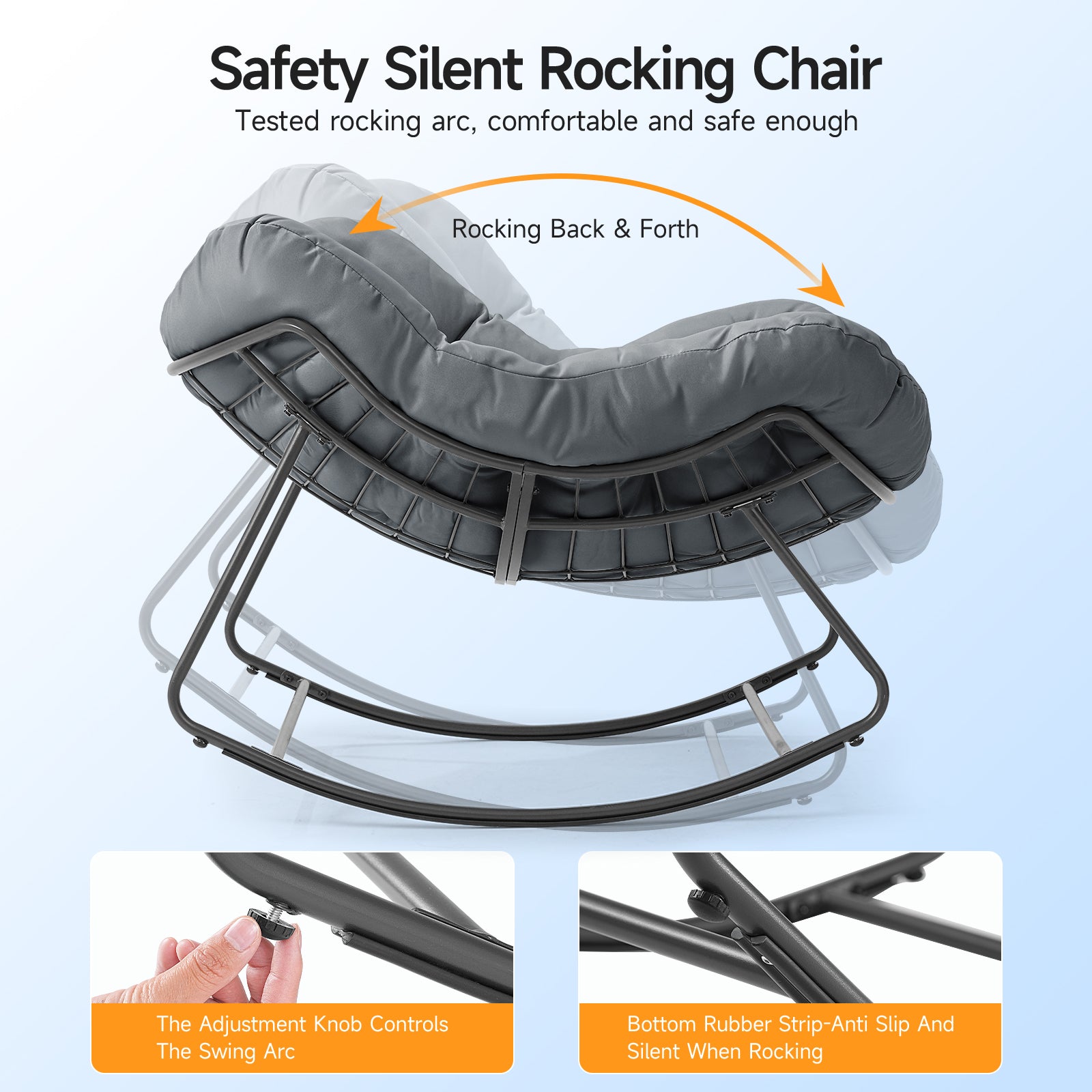 Outdoor Oversized Papasan Rocking Chair with Padded Cushion, Gray