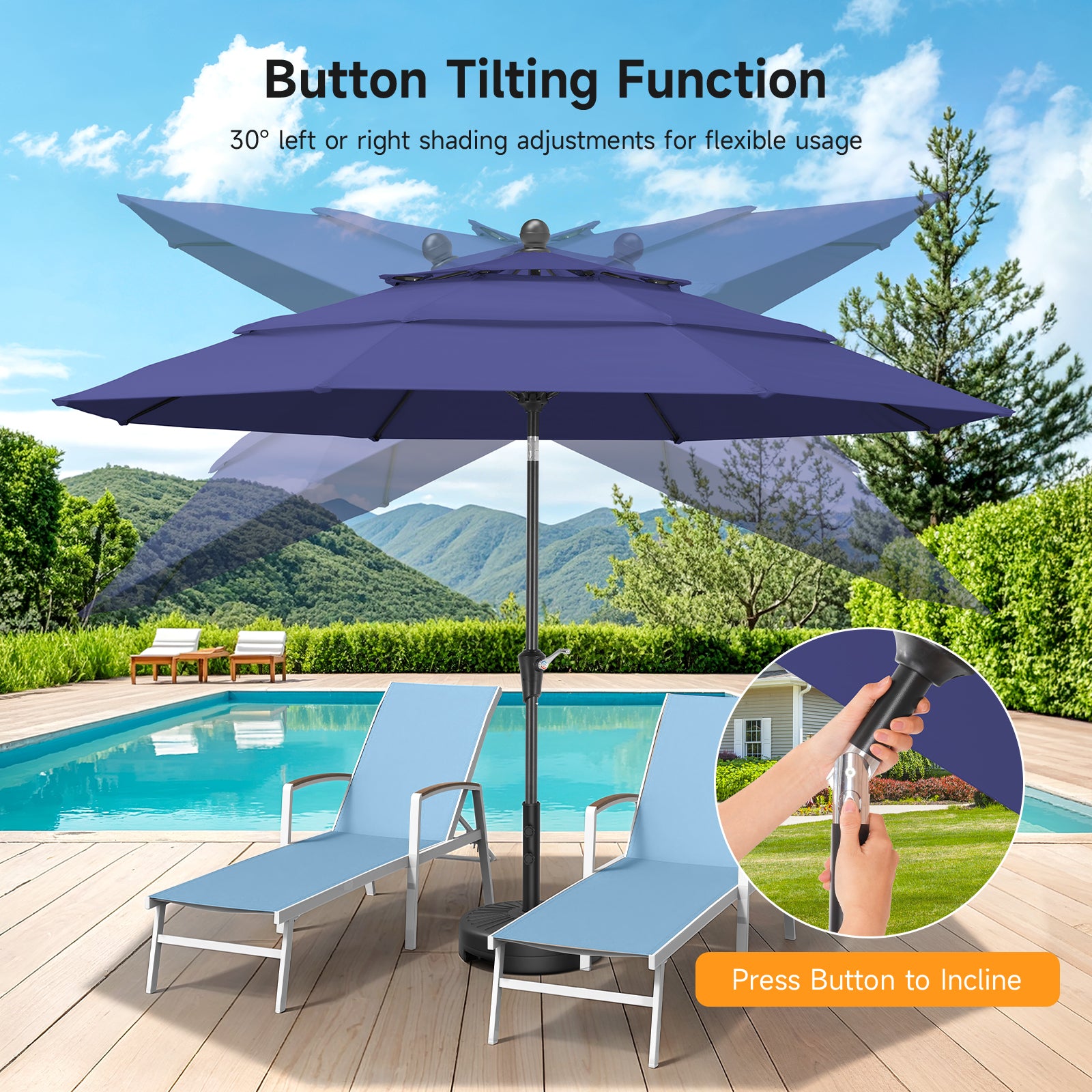 10ft 3 Tier Patio Umbrella with Crank & Push Button Tilt, Navy Blue