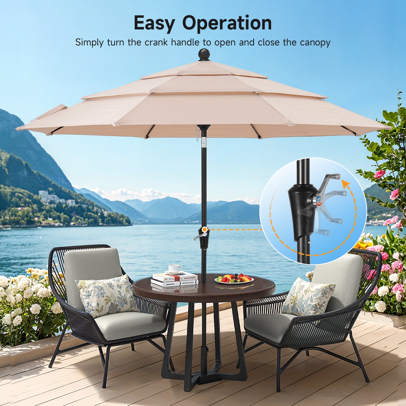 9ft 3 Tier Vented Patio Umbrella with Crank, Champagne
