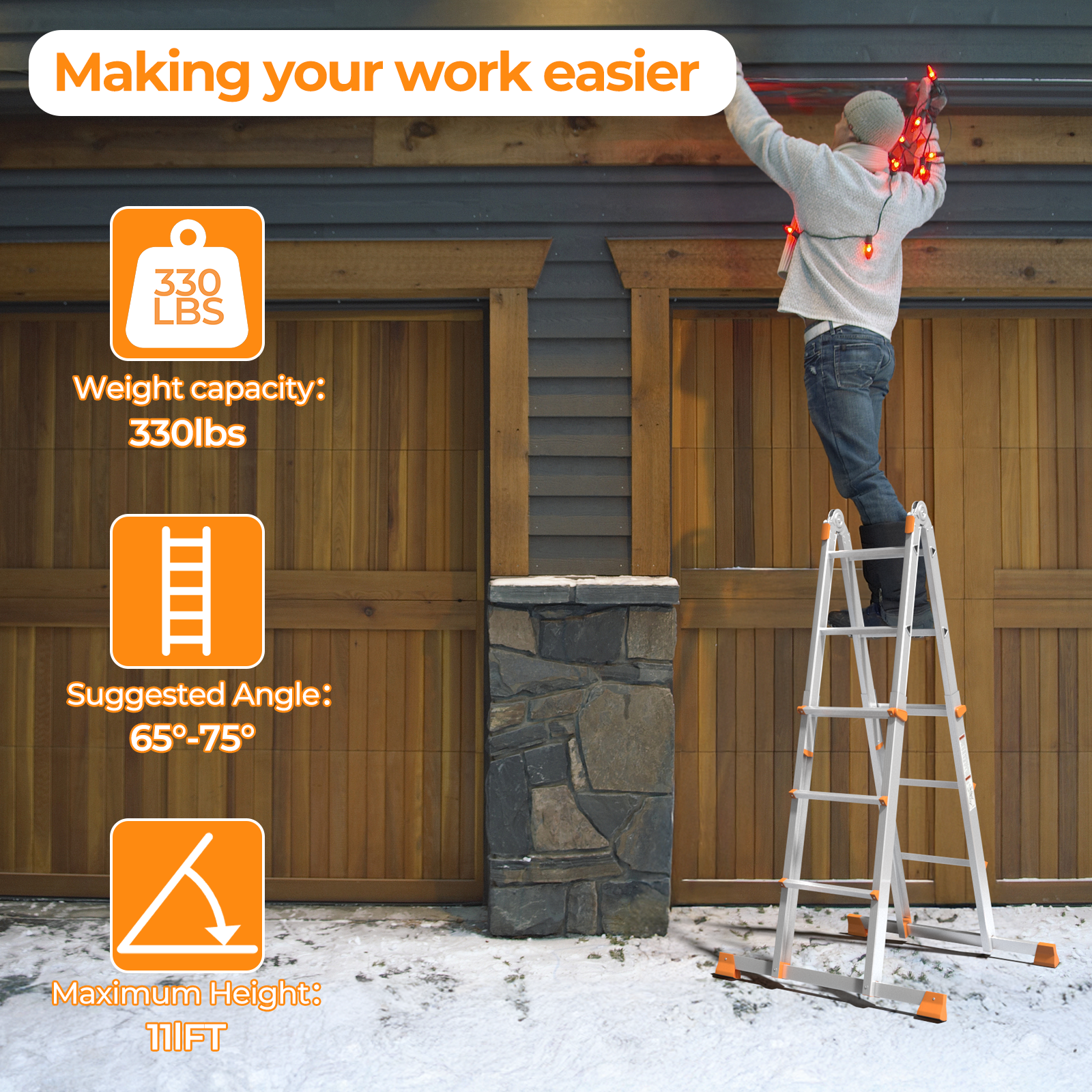 11 Ft 3 Step Extension Ladder, Orange
