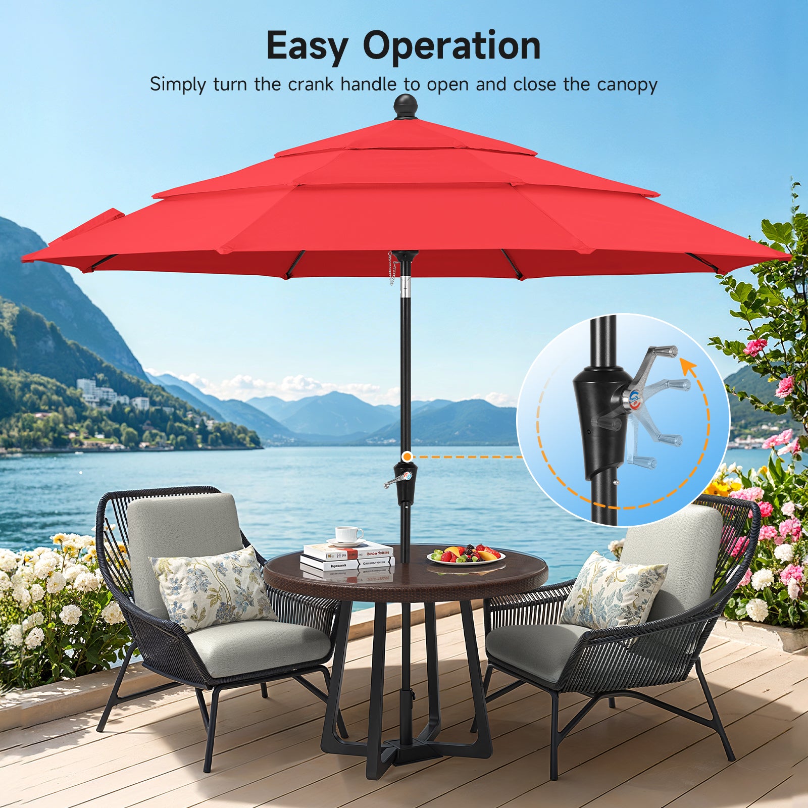 9ft 3 Tier Vented Patio Umbrella with Crank, Red