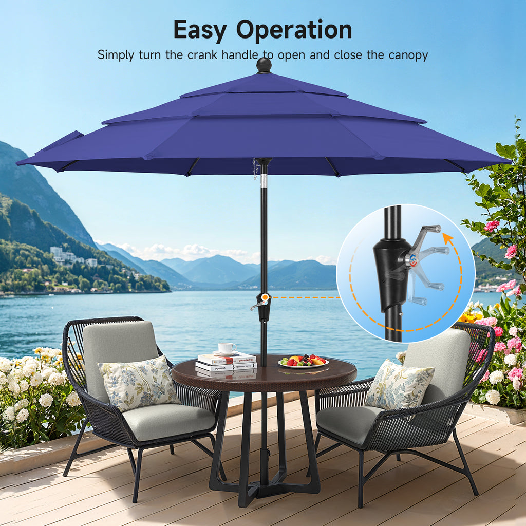 9ft 3 Tier Vented Patio Umbrella with Crank, Navy Blue