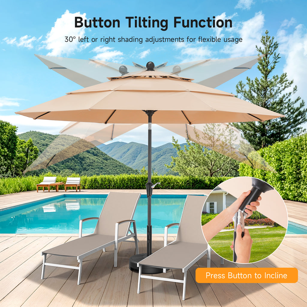 10ft 3 Tier Patio Umbrella with Crank & Push Button Tilt, Champagne