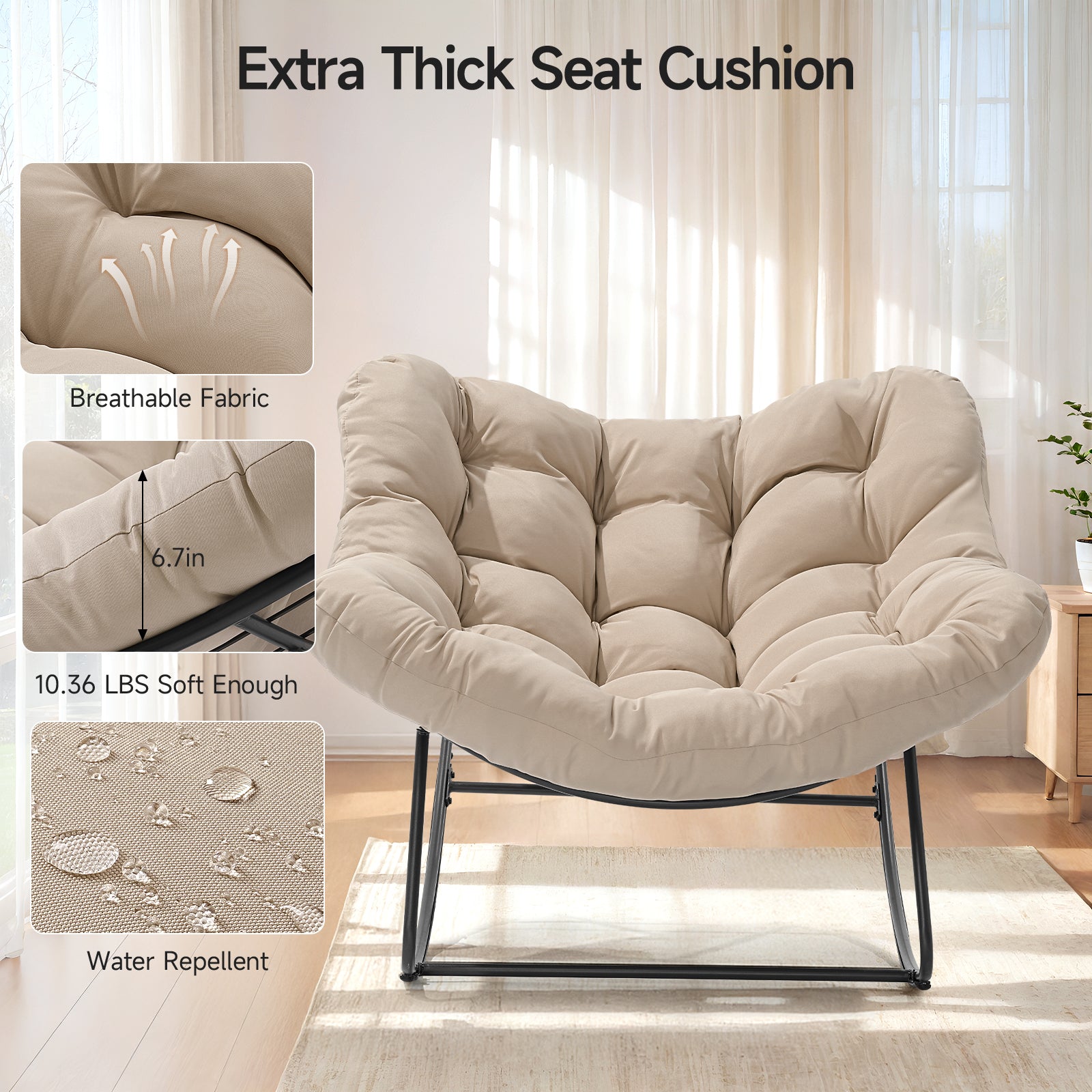 Outdoor Oversized Papasan Rocking Chair with Padded Cushion, Beige