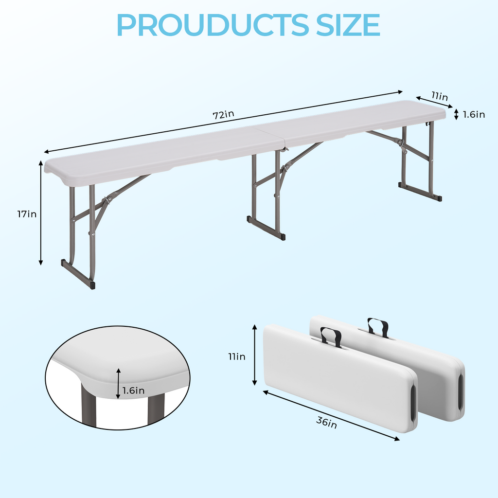 2 Pack 6 Feet Plastic Folding Bench Outdoor Picnic Bench, White