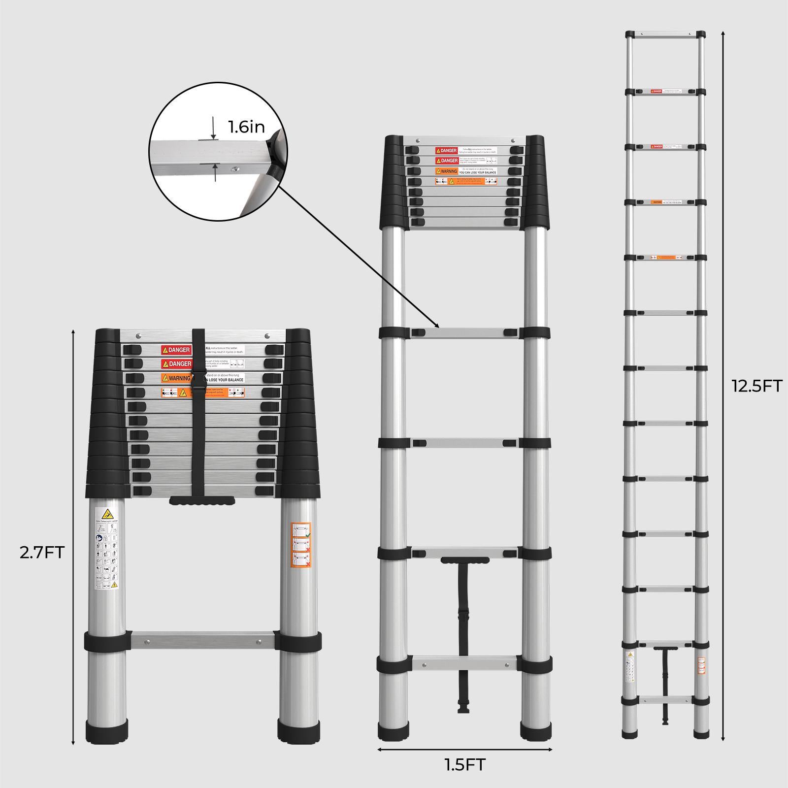 12.5ft Aluminium Telescoping Ladder with Anti-Pinch Hand Device
