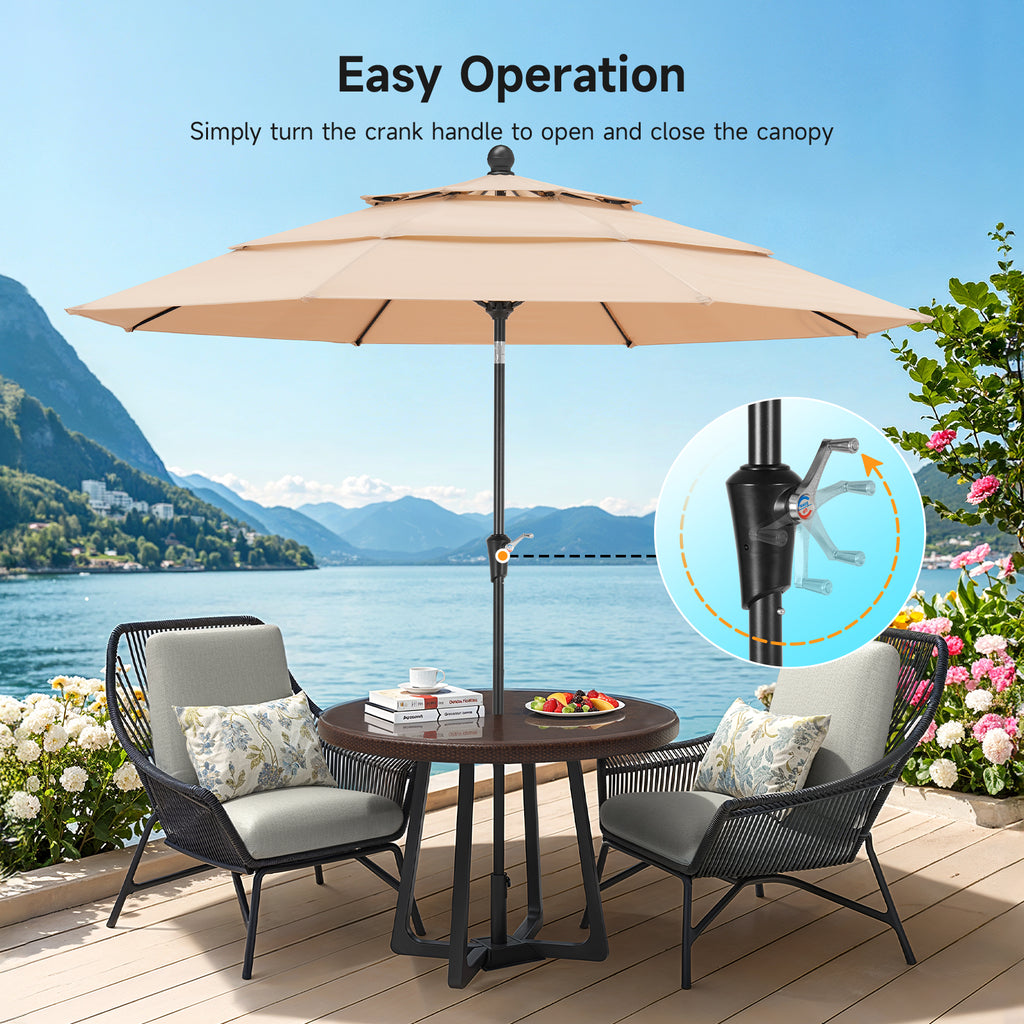 10ft 3 Tier Patio Umbrella with Crank & Push Button Tilt, Champagne