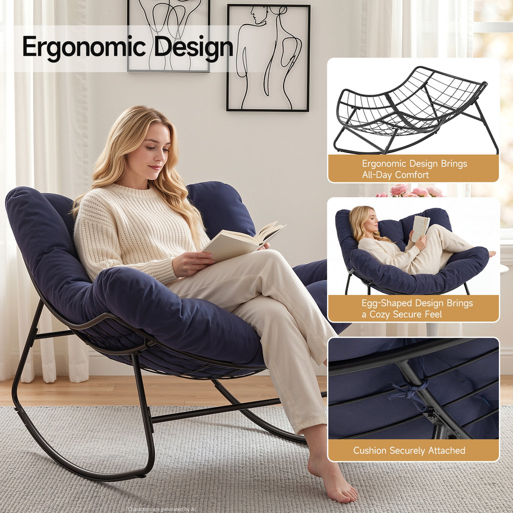 Outdoor Oversized Papasan Rocking Chair with Padded Cushion, Navy Blue