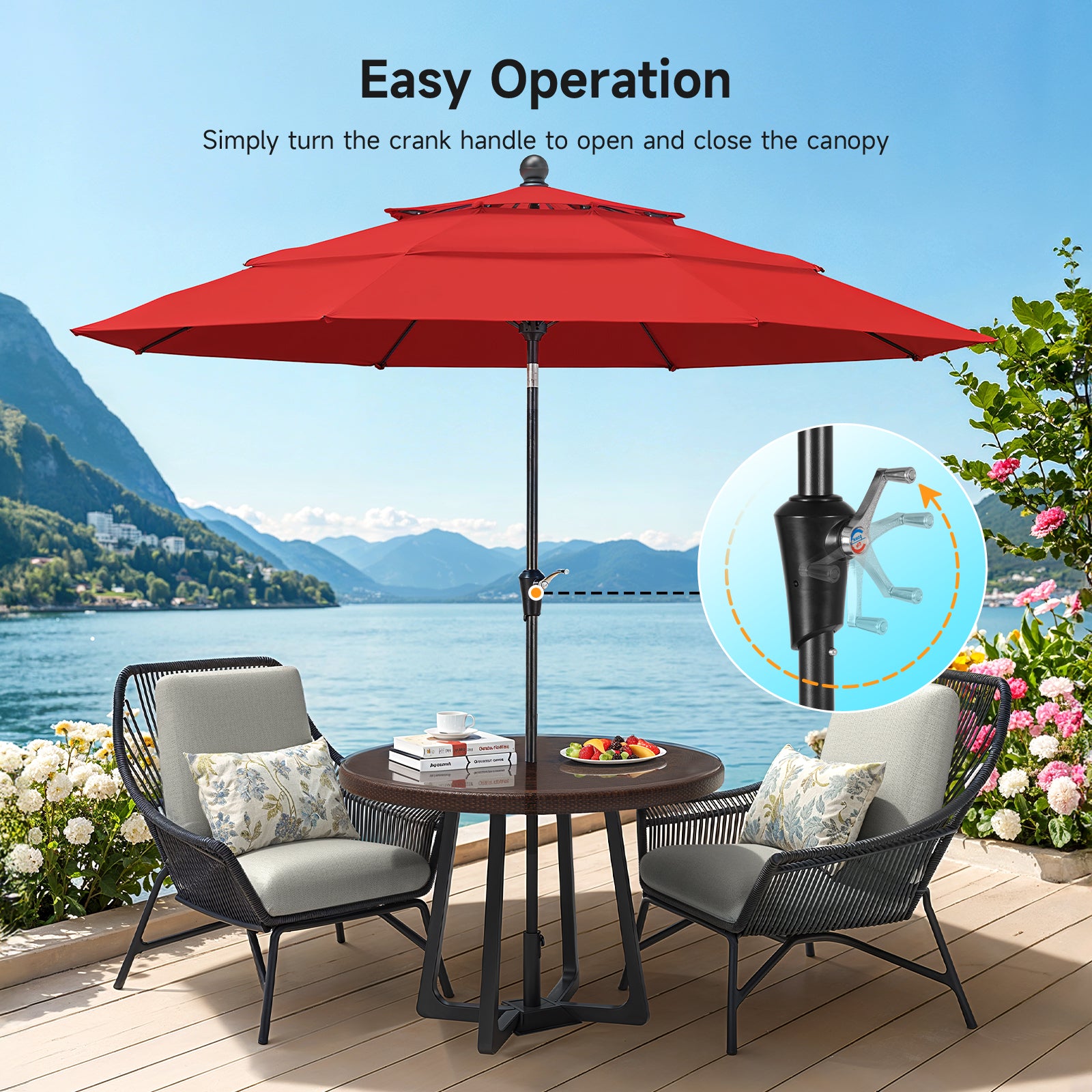10ft 3 Tier Patio Umbrella with Crank & Push Button Tilt, Red