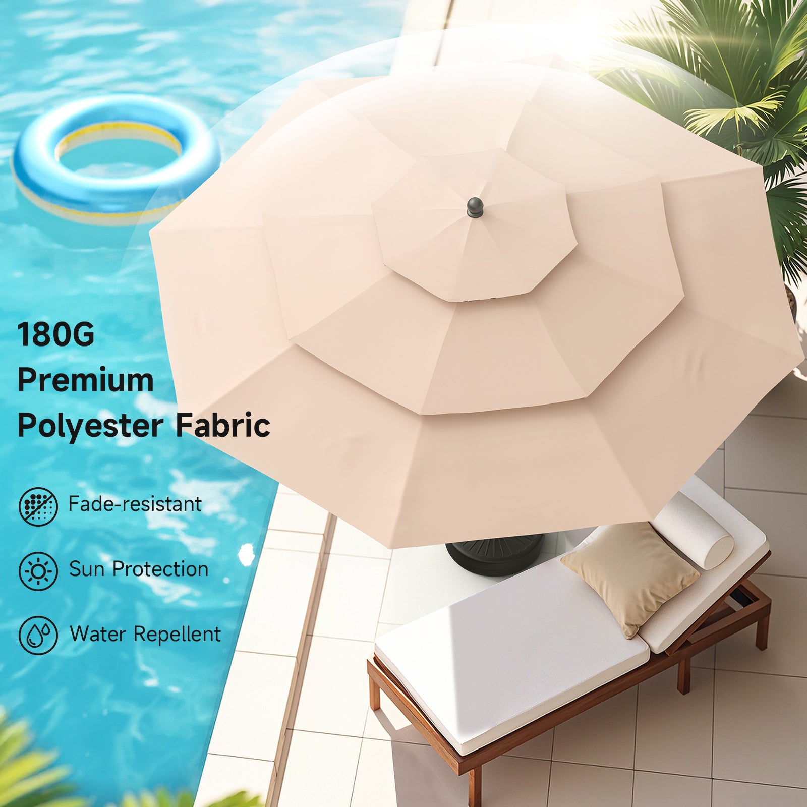 9ft 3 Tier Vented Patio Umbrella with Crank, Champagne