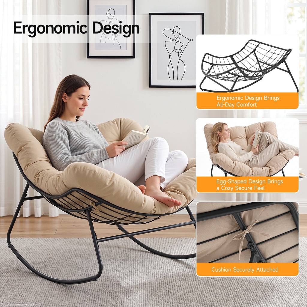 Outdoor Oversized Papasan Rocking Chair with Padded Cushion, Beige