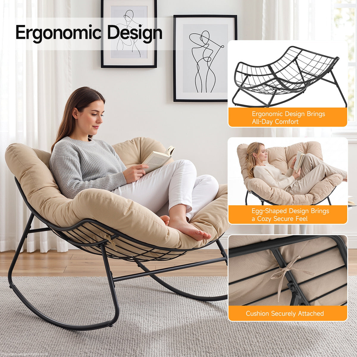 Outdoor Oversized Papasan Rocking Chair with Padded Cushion, Beige