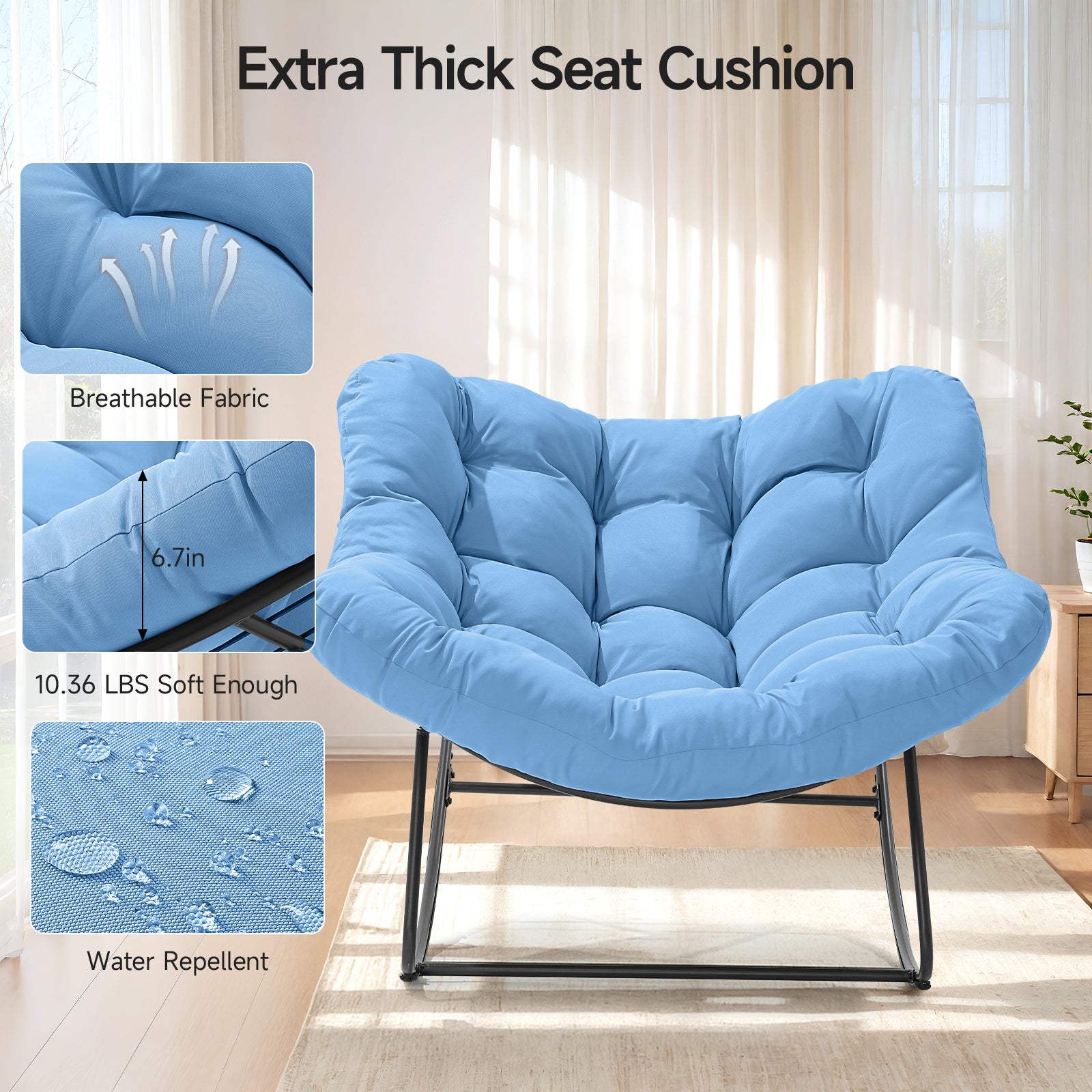 Outdoor Oversized Papasan Rocking Chair with Padded Cushion, Blue