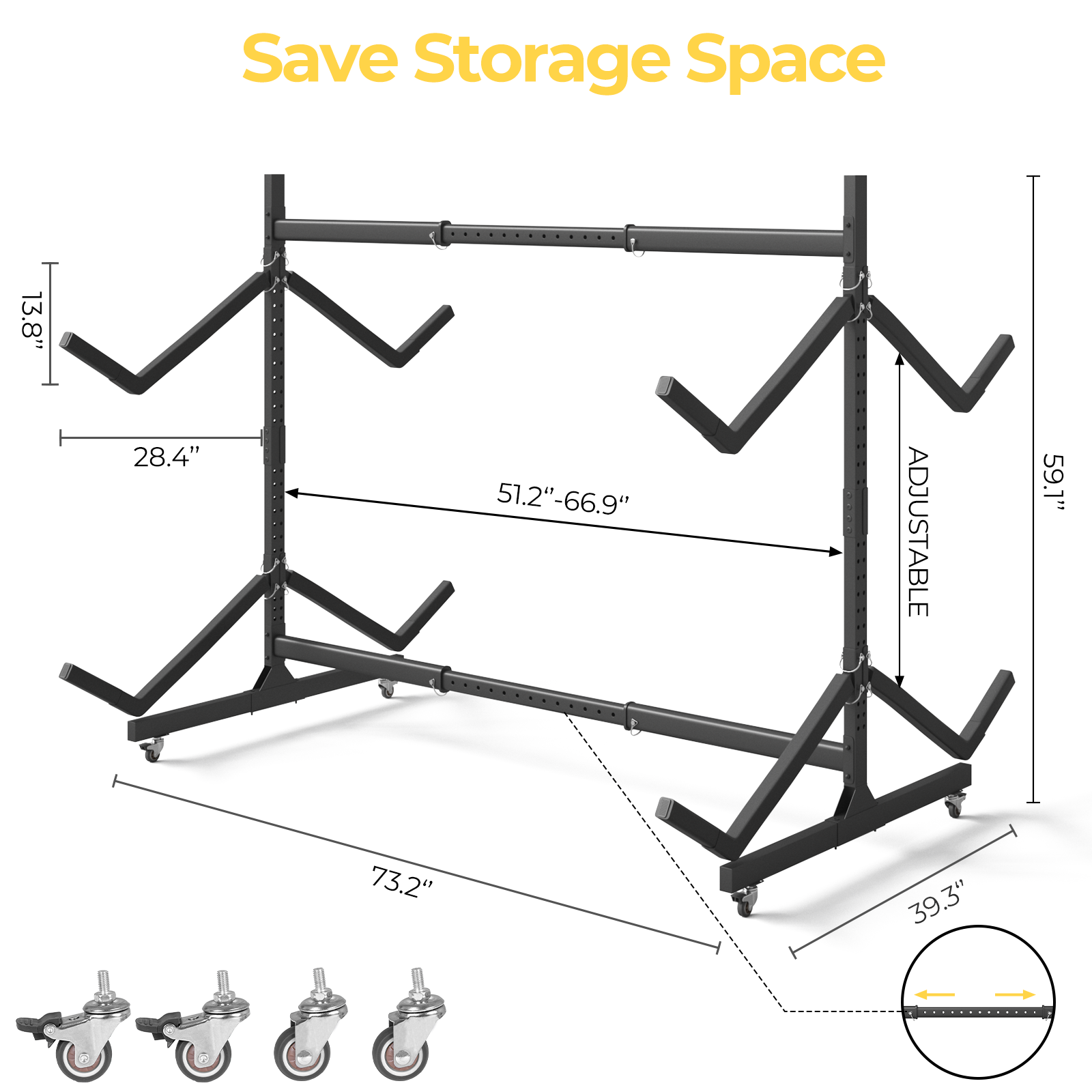 2 Levels Freestanding Rolling Kayak Storage Rack for 4 Kayaks
