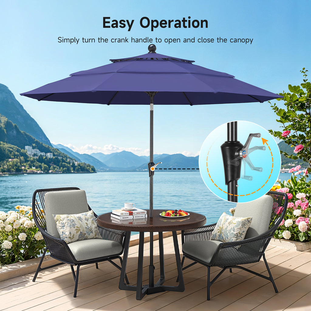 10ft 3 Tier Patio Umbrella with Crank & Push Button Tilt, Navy Blue