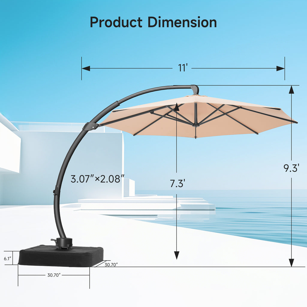11ft Aluminum Curvy Cantilever Umbrella with Base, Champagne