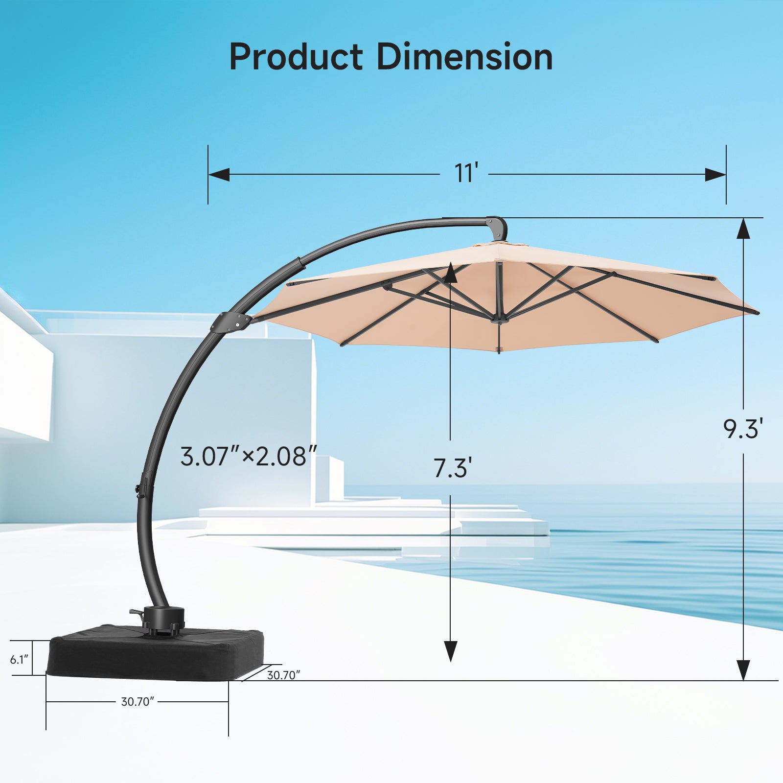 11ft Aluminum Curvy Cantilever Umbrella with Base, Champagne