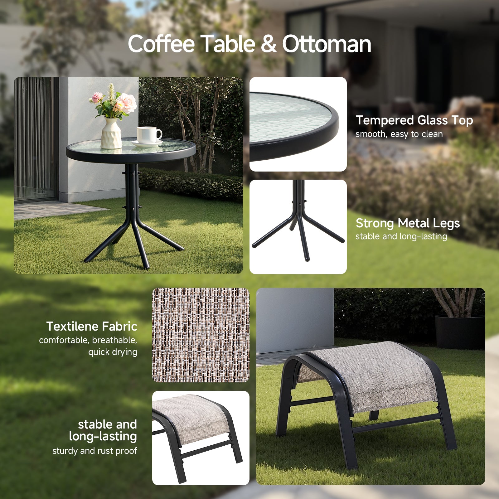 5 Piece Outdoor Lounge Chair Set with 2 Ottomans and Coffee Table